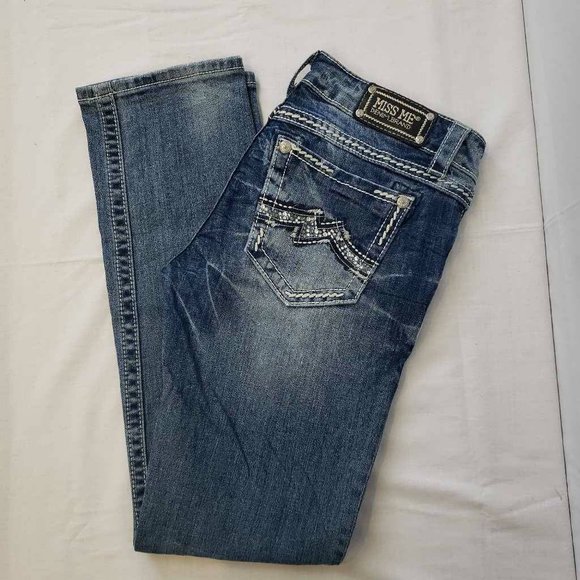 Miss Me Womens Easy Cropped Straight Leg Jeans Blue Thick Stitch Embellished 27 - Picture 1 of 13